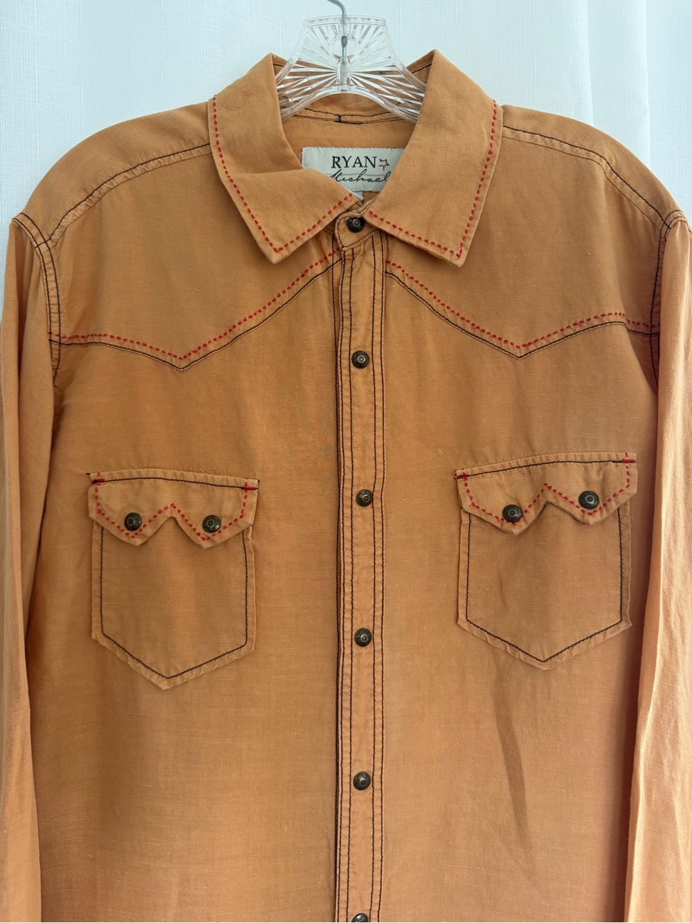 Ryan Michael Men’s Large Linen Blend Western Shirt Sunset Orange Embroidered - Picture 2 of 8